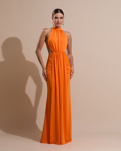 Foto Vestido de Festa Longo Malha Jersey Gola Alta Saia Sereia Laranja