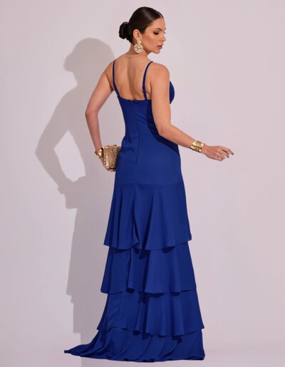 Foto Vestido Longo Crepe com Babado em Camadas Azul Marinho