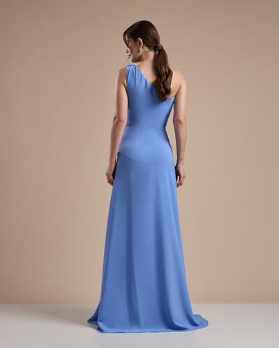 FotoVestido de Festa Longo Crepe Chiffon Um Ombro Só Drapeado com Babado Cascata Azul Atlantis