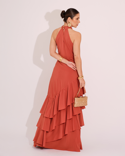 FotoVestido de Festa Longo Decote Halter com Babados Terracota