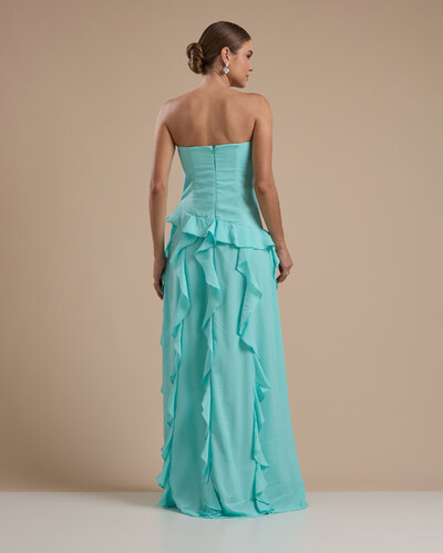Foto Vestido de festa Longo Tomara que Caia Crepe Chiffon com Bababos Cascata e Fenda Tiffany