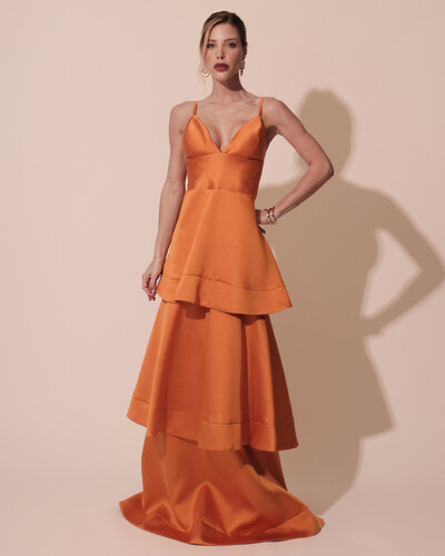 Foto Vestido de Festa Longo Zibeline em Camadas Decote em V com Alças Terracota