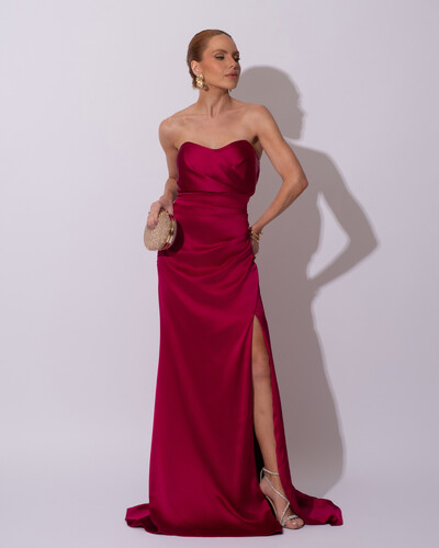 Foto Vestido de Festa Longo Cetim Alfaiataria Tomara que Caia Fenda Beterraba