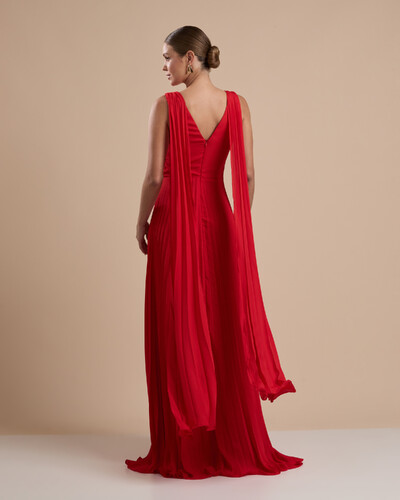 FotoVestido de Festa Longo Crepe Chiffon Plissado com Lenço nas Alças Vermelho New
