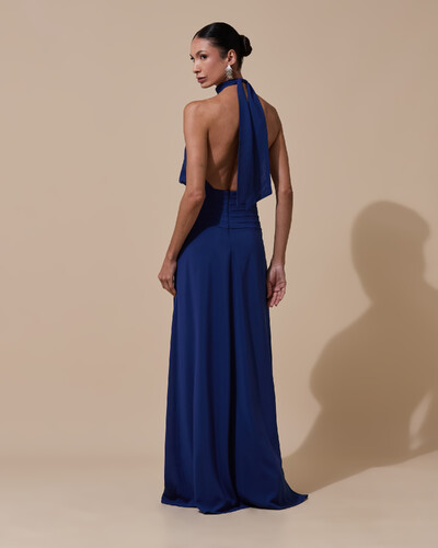 Foto Vestido de Festa Longo Frente Única Busto Blousê Crepe Chiffon Drapeado Azul Marinho