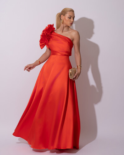 Foto Vestido de Festa Longo Zibeline um Ombro Só Flor Drapeado Laranja