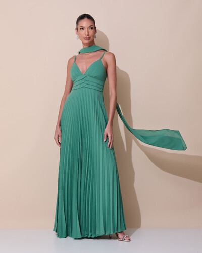 Foto Vestido de Festa Longo Plissado Crepe Chiffon com Alça e Lenço Verde Matcha Escuro