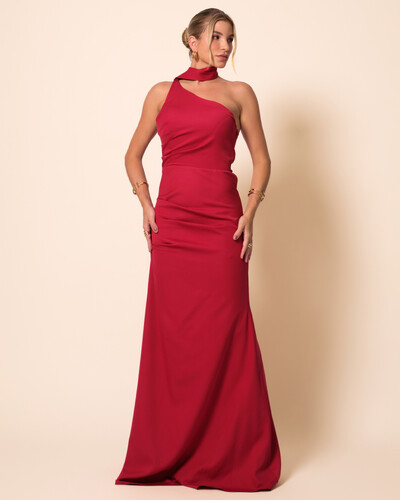 Foto Vestido de Festa Longo Alafataria Um Ombro Só Detalhe Drapeado Cereja