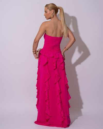 FotoVestido de festa Longo Tomara que Caia Crepe Chiffon com Bababos Cascata e Fenda Pink