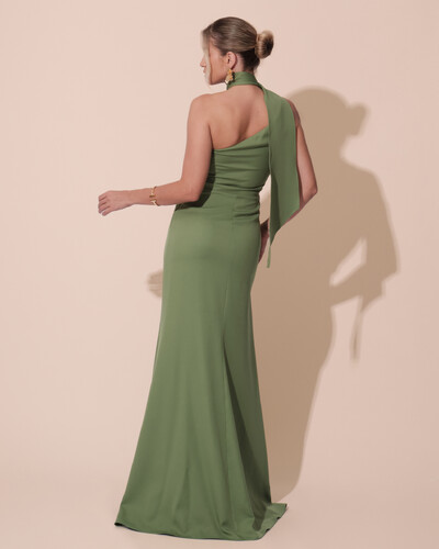 FotoVestido de Festa Longo Alfaiataria Um Ombro Só Detalhe Drapeado Verde Matcha