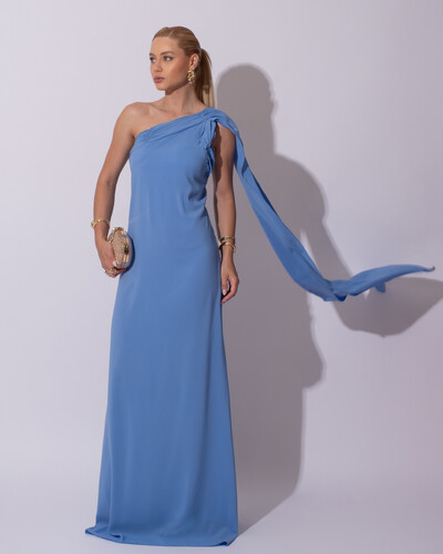 Foto Vestido de Festa Longo Crepe Chiffon Um Ombro Só Drapeado Lenço Fixo Azul Atlantis