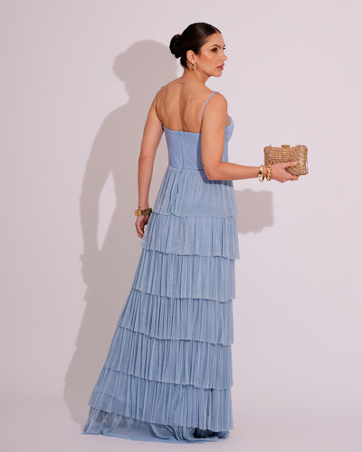 FotoVestido de Festa Longo Tule Glitter com Camadas Azul Serenity