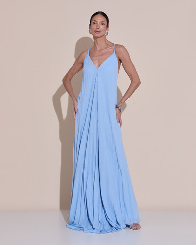 Foto Vestido de Festa Longo Plissado Crepe Chiffon Decote V Alças Finas Serenity