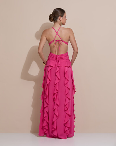Foto Vestido de Festa Longo Decote V Recortes Drapeado Crepe Chiffon Babados Cascata Pink New
