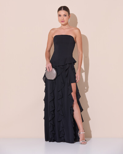 Foto Vestido de festa Longo Tomara que Caia Crepe Chiffon com Babados Cascata e Fenda Preto