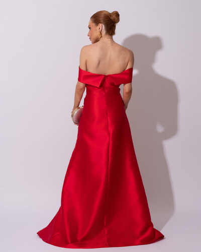 FotoVestido de Festa Longo Zibeline Ombro a Ombro Drapeado e Fenda Vermelho