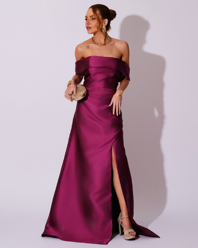 Foto Vestido de Festa Longo Zibeline Ombro a Ombro Drapeado e Fenda Fúcsia