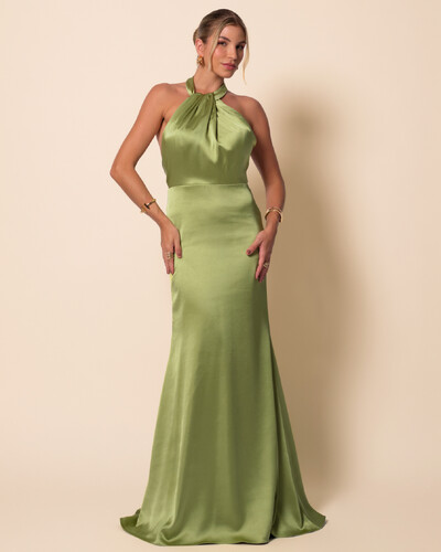 Foto Vestido de Festa Longo em Cetim Alfaiataria com Elastano Frente Única Verde Pistache