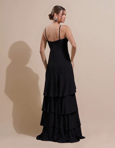 Foto Vestido Longo Crepe com Babado em Camadas Preto
