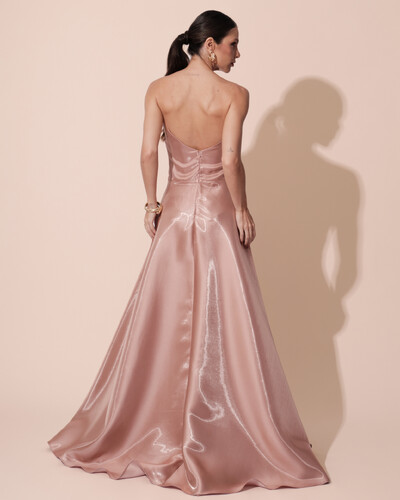 FotoVestido de Festa Longo Cetim Cristal Tomara que Caia Drapeado Mocha Mousse