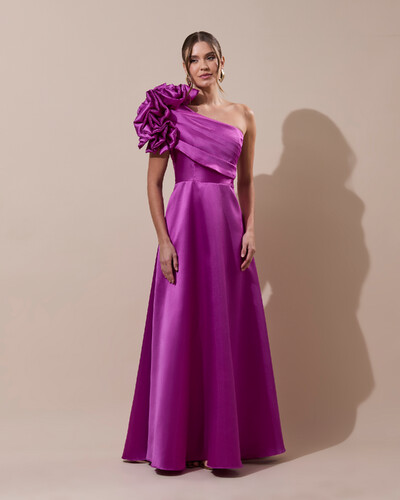 Foto Vestido de Festa Longo Zibeline um Ombro Só Flor Drapeado Fúcsia