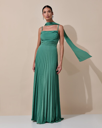 Foto Vestido de Festa Longo Crepe Chiffon Plissado Trançado e Lenço Verde Matcha Escuro