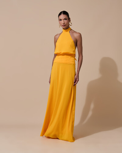 Foto Vestido de Festa Longo Frente Única Busto Blousê Crepe Chiffon Drapeado Laranja Manga New