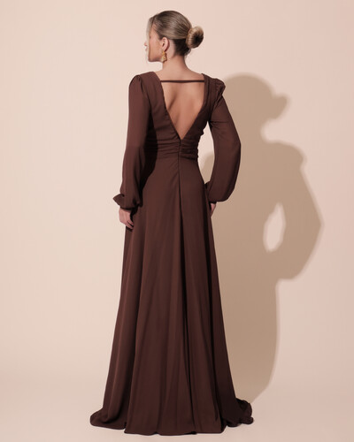FotoVestido de Festa Manga Longa com Cintura Drapeada Decote V Marrom