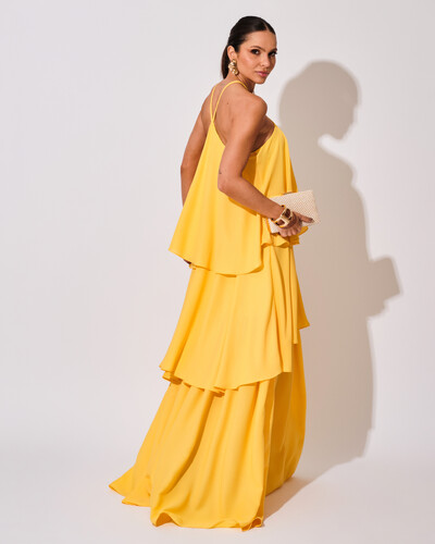 FotoVestido Longo Crepe Chiffon Babado em Camadas Amarelo