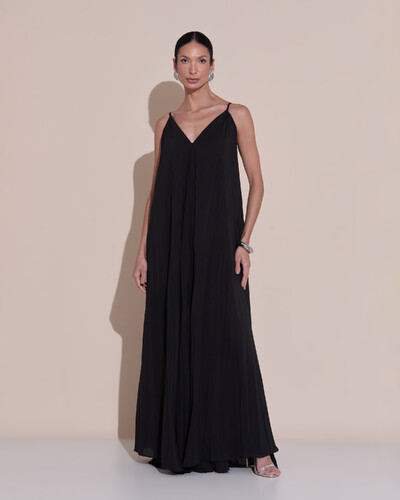 Foto Vestido de Festa Longo Plissado Crepe Chiffon Decote V Alças Finas Preto