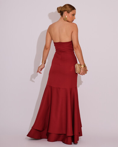 FotoVestido Longo com Fenda de Babados Alfaiataria Marsala Escuro