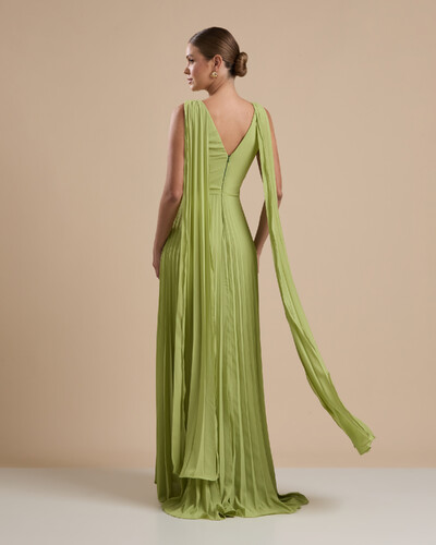 FotoVestido de Festa Longo Crepe Chiffon Plissado com Lenço nas Alças Verde Garden