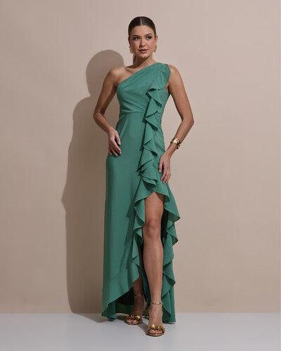 Foto Vestido de Festa Midi Um Ombro Só Crepe Chiffon Babados Cascata Fenda Verde Matcha Escuro
