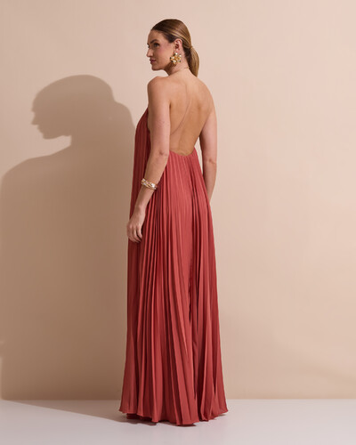 Foto Vestido de Festa Longo Frente Única Plissado Crepe Chiffon Argola Terracota