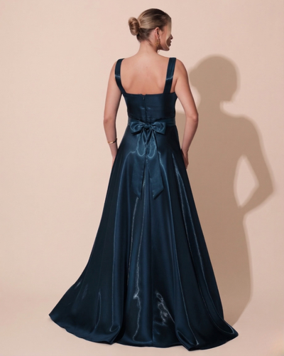 FotoVestido de Festa Longo Zibeline Cristal com Fenda e Faixa Azul Petróleo