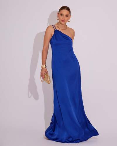 Foto Vestido de Festa Longo em Cetim Fluido um Ombro Só Azul Royal