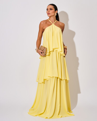 Foto Vestido Longo Crepe Chiffon Babado em Camadas Amarelo Manteiga