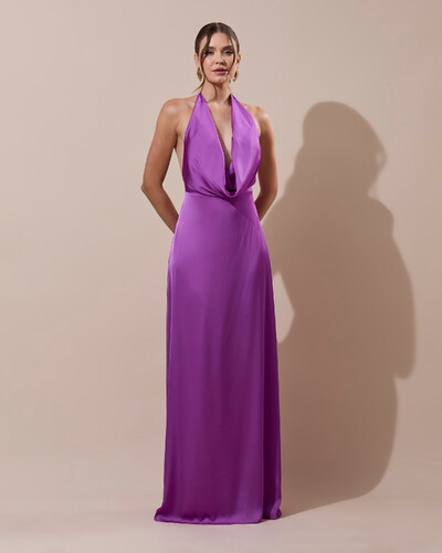 Foto Vestido de Festa Longo Frente Única Degagê Cetim Fluido Fúcsia