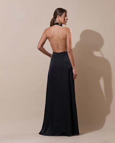 FotoVestido de Festa Longo Cetim Frente Única Degagê com Faixa Drapeada Preto