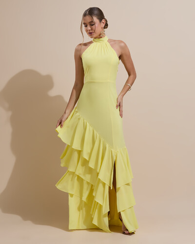 Foto Vestido de Festa Longo Chiffon Crepe Gola Alta Babados Amarelo Manteiga
