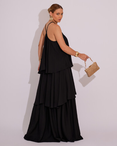 FotoVestido Longo Babado em Camadas Preto