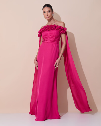 Foto Vestido de Festa Longo Ombro a Ombro Plissado Crepe Chiffon Capa Flor 3D Pink Escuro