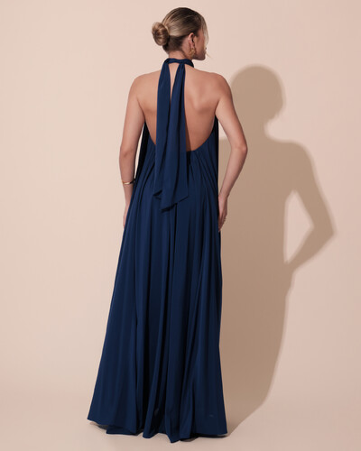 FotoVestido Longo Crepe Chiffon Frente Única Fluido Flor Removível Azul Marinho