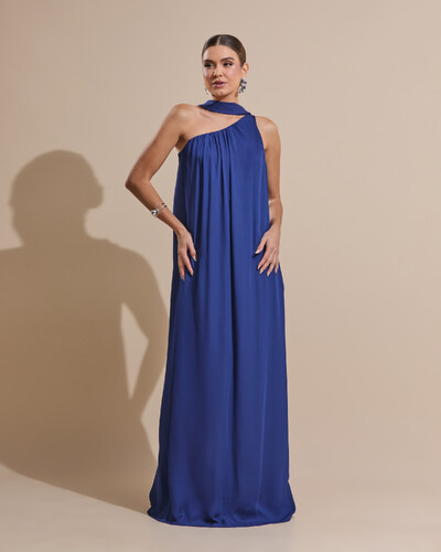 Foto Vestido de Festa Longo Crepe Fluido um Ombro Só com Lenço Azul Marinho