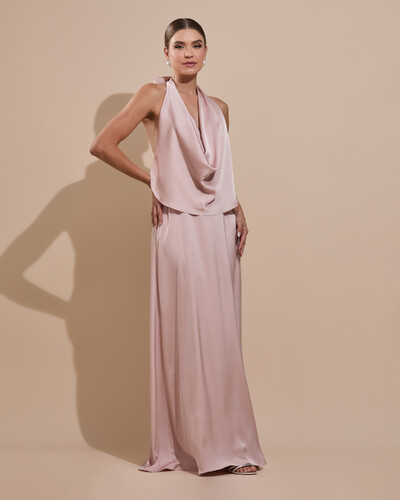 Foto Vestido de Festa Longo Cetim Fluido Frente Única Degagê Mil Formas Rose Nude