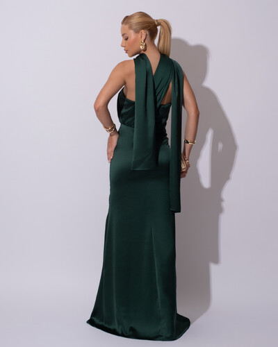 FotoVestido de Festa Longo Cetim Alfaiataria Tomara que Caia com Faixa Lenço Verde Escuro