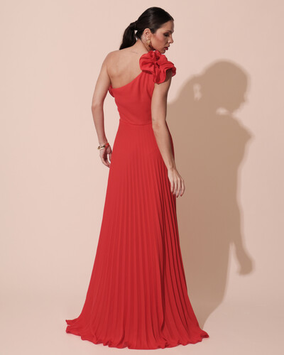 FotoVestido de Festa um Ombro Só Flor Saia Plissado Vermelho New