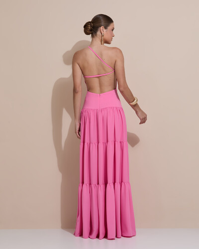 Foto Vestido de Festa Longo Um ombro Só Crepe Chiffon Saia Fluida Rosa