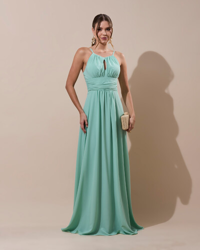 Foto Vestido de Festa Longo Crepe Chiffon Drapeado com Alças e Saia Fluida Verde Menta