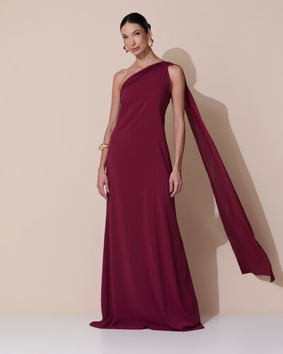 Foto Vestido de Festa Longo Crepe Chiffon Um Ombro Só Drapeado Marsala New